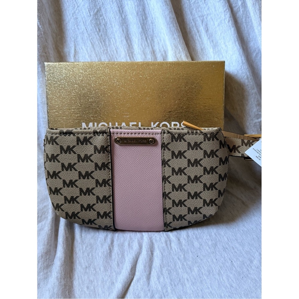 Michael Kors Signature Logo Belt Bag Pink Stripe Waist Pack Gold Tone Hardware